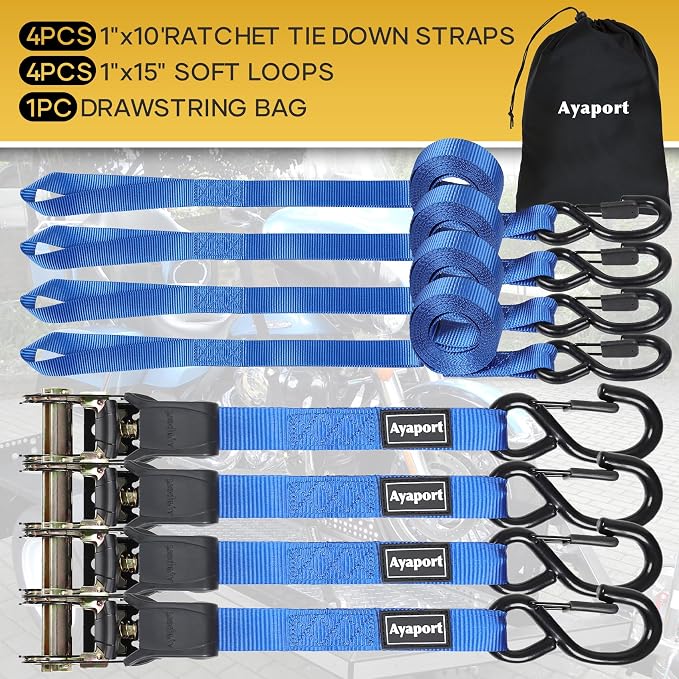 Ayaport Ratchet Straps Tie Downs, 1" x 10' Heavy Duty Ratchet Tie Down Straps, 1860lbs Break Strength, Larger Open S Hook W Safety Clip, Ratchet Strap for Motorcycle, Cargo, Truck Bed, Moving