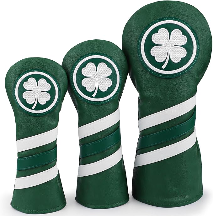 Headcovers, Leather Golf Club Covers, 1pc or 3pcs Set Lucky Clover Driver Headcover, 3 Wood Head Cover, Hybrid Rescue UT Headcover, Classic Golf Accessories