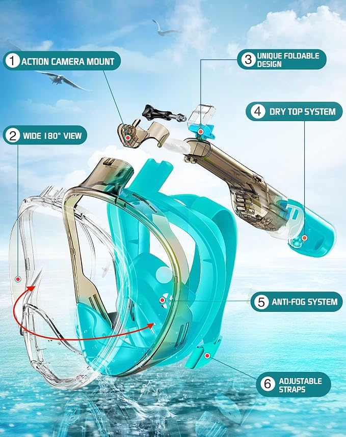 Greatever Full Face Snorkel Mask, Snorkeling Gear for Adults with Latest Dry Top Breathing System and Detachable Camera Mount, Foldable Snorkel Set for Family Snorkeling Trips, Anti-Fog & Anti-Leak