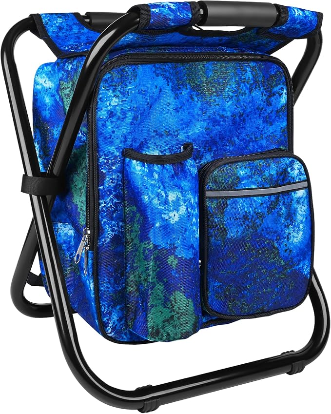 Kikerike Backpack Stool Cooler Chair Heavy Duty 300 LBS Max Load Portable Lightweight Stool Backpack Folding Fishing Cooler Seat for Camping Hunting Fishing - Ocean