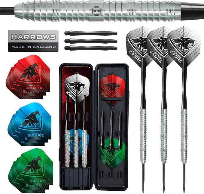 Harrows Sabre 90% Tungsten Steel Tip Darts Set I 21g to 26g All Weights Available I Huge 24pcs Bundle with Spare Shafts, Prime Flights & Travel Case