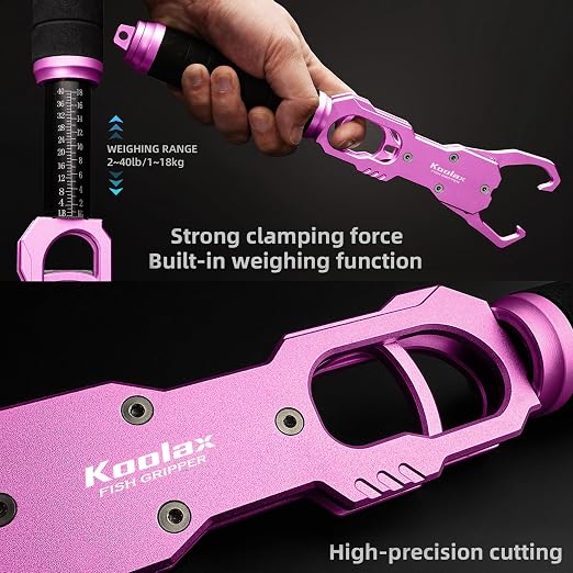 11.6" Fish Lip Gripper, Aluminum Alloy Fish Grabber with 40lb Scale, 360° Swivel Handle, Corrosion-Resistant for Saltwater & Freshwater (Pink)