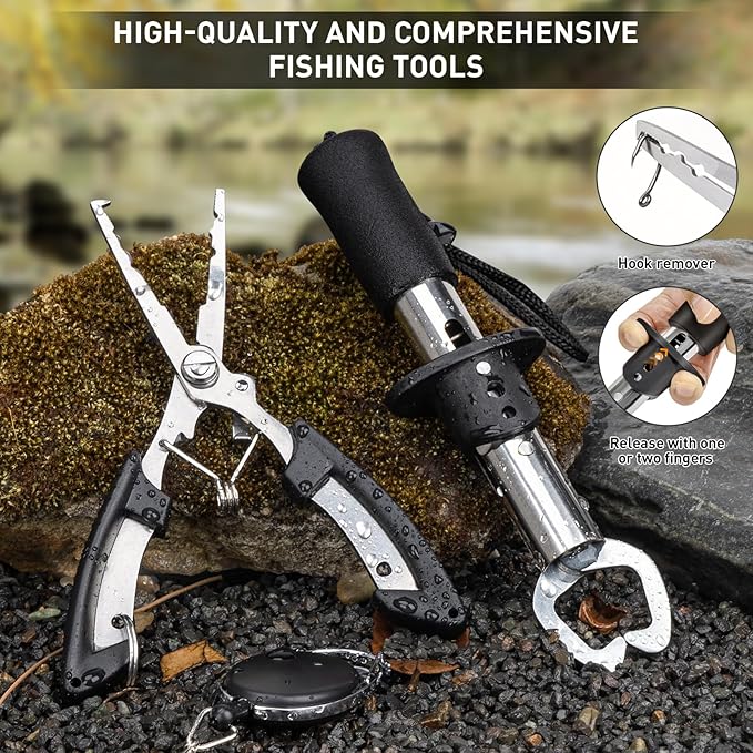 THKFISH Fishing Tool Kit, Backpack and Tackle Box with Tackle Included Lures Hooks Sinkers Accessories Kit,Pliers, Fish Lip Gripper, Fishing Gear and Fishing Gift for Men (Black Camo-87pcs)