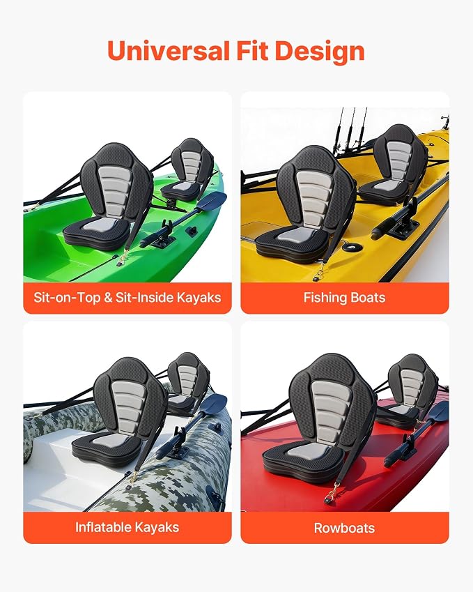 VEVOR Kayak Seat, Universal Paddle Board Seat with Adjustable Back Support, Multiple Thickness Options (0.5” to 2.6”), Soft Padded Cushion & Storage Bag for SUP, Canoe, Fishing Boat, Inflatable Kayak