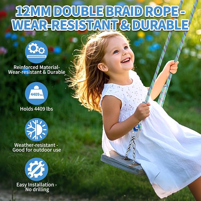 Tree Swing Ropes (Set of 2), 3FT/5FT/10FT/15FT/20FT, Tree Swing Straps Hanging Kit Holds 4400 lbs, Heavy Duty Carabiners for All Swing Hammock Playground Set Accessories (15 FT)