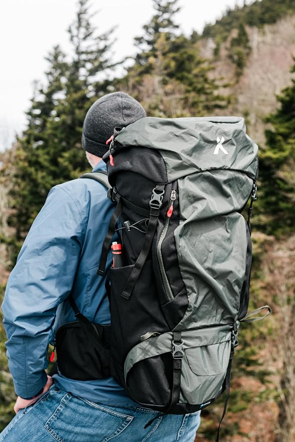 Bear Grylls 65L + 5L Hiking Hydration Backpack, Perfect For Backpacking, Large Pack With Separated Bottom Compartment, Camping, Mountain Biking, Skiing, Snowboarding, For Men and Women - Black