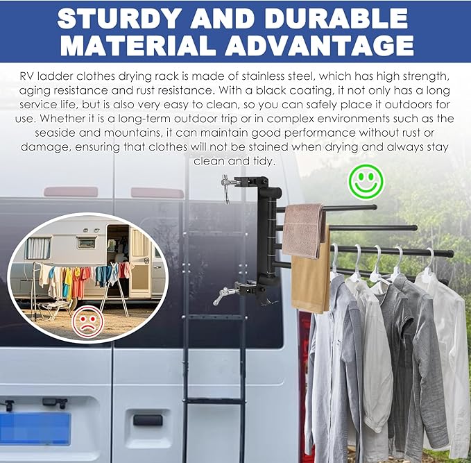 RV Clothes Drying Rack, RV Ladder Clothes Drying Rack, Four 12.7" Long Arms, No Drilling Anti-Rust for Ladder Boats Camper Trailer Travel Hotel Home