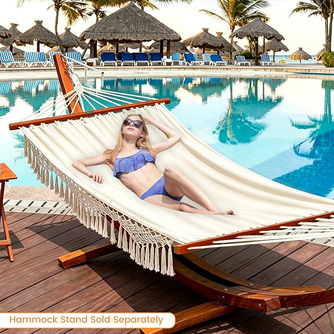 Lazy Daze Hammocks Cotton Fabric Double Hammock with 55" Spreader Bar, Portable Camping Hammock with Carrying Bag & Tree Straps for Patio, Backyard, Balcony, 450lbs Capacity, Beige