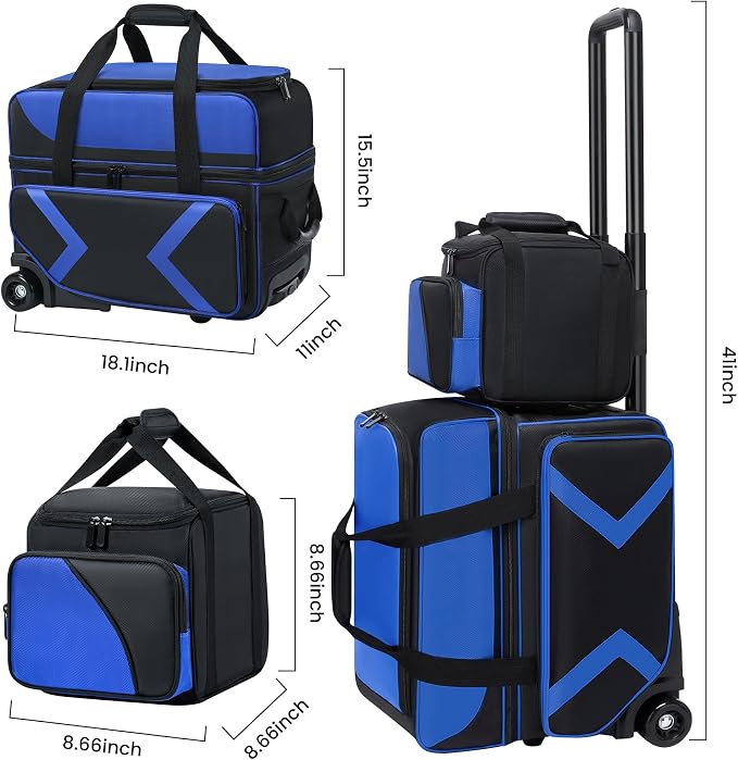 3 Ball Bowling Bags with Wheels and Shoes Compartment, Roller with Multipocket, 2 Ball Bowling Roller Bag + 1 Ball Color Matching Add On Tote (Blue-Black)