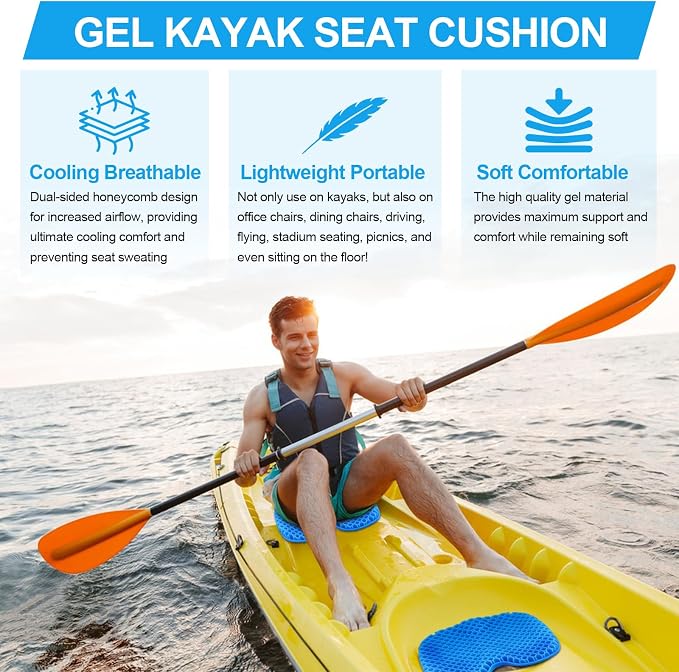 Anti-Slip Kayak Seat Cushion, Waterproof Thicken Gel Kayak Seat Pad with Non-Slip Cover, Canoe Seat Cushion Kayak Accessories Kayak Canoe Boat Equipment