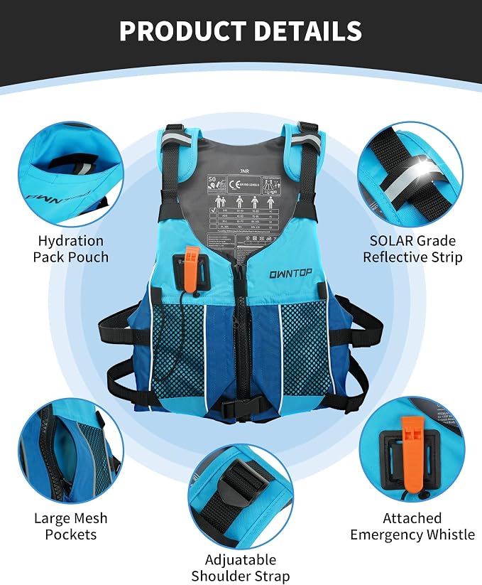 Owntop Swim Jacket Adult Youth | Hydration Pack | Dual Mesh Pockets | Attached Whistle | Ultra-Thin for Freer Movement | Kayak, Boating, Fishing, All Watersports