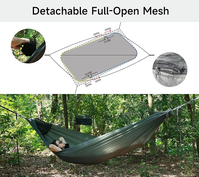 NomadNest 11ft Camping Hammock with Net and Ridge Rope, Detachable Full-Open Mesh, Lightweight Portable Hammocks for Camping Hiking Backpacking