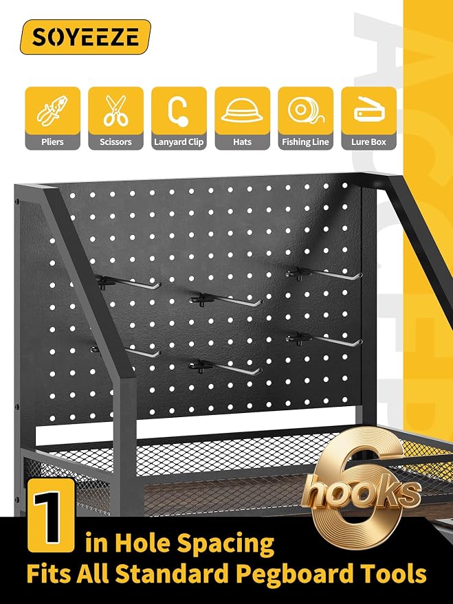 SOYEEZE Fishing Rod Holders for Garage, 3-Tier Fishing Pole Rack with Pegboard and Metal Mesh Fence, Fishing Gear Organizer with Hooks Up to 12 Rods, Rolling Fishing Storage Cart with Lockable Wheels