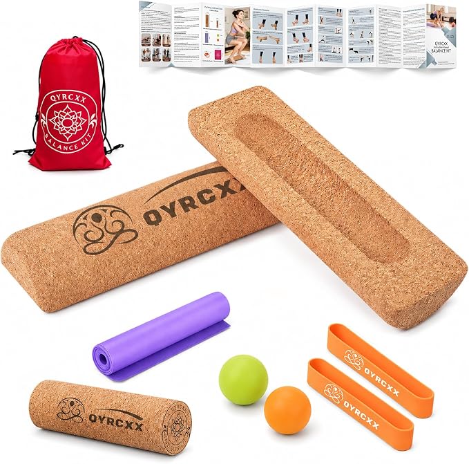 Foot & Ankle Strengthener Kit Cork 4-in-1 Balance Board with Accessories | Foot strength trainer kit, improves balance, ankle stability training, mobility exercise tool, toe resistance bands included