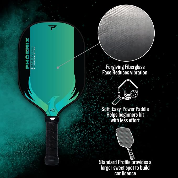 Paddletek Phoenix Genesis 2 – 14mm Pickleball Paddle – Fiberglass Composite Face – Easy Power & Soft Feel – USAPA Approved Pickle Ball Paddle – 5.25 Inch Handle