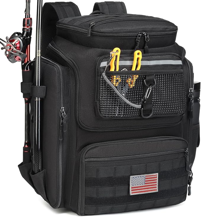 HAMBOLY Fishing Backpack 45L with Rod Holders, Water-Resistant Tackle Backpack for Fishermen, Large Capacity Fishing Gear Bag for Travel Hiking Camping