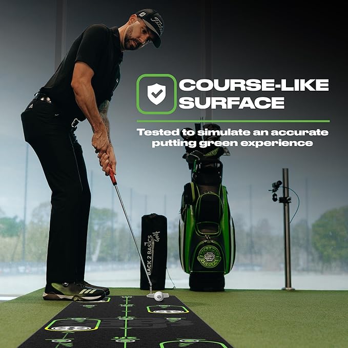 BACK 2 BASICS Golf Portable Putting Green Indoor Golf Putting Mat 10ft, Alignment Aid Trainer for Practice Indoor and Outdoor, Home or Office Compact Roll Target Gate Precision Control Tool