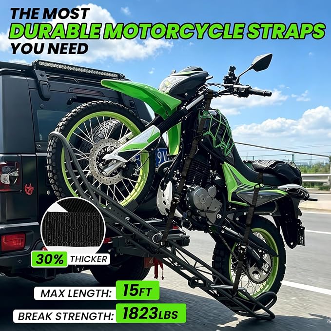 Ratchet Straps Medium Duty 4 Pack -1 Inch x 15 Feet (1,823LB Break Strength)- Motorcycle Tie Down Straps -Soft Loops with Bungee Cords- Ratchet Tie Down Set for Powersports, Motorcycle or Moving Cargo