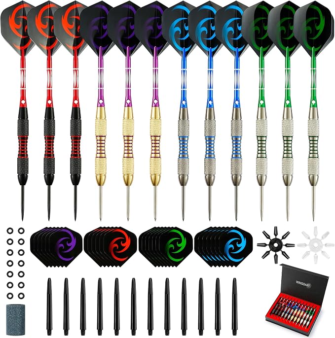 WINSDART Steel Tip Darts 12 Pack Set with Nonslip Iron Barrel Aluminum Dart Shafts and Flights Darts Sharpener an Gift Box