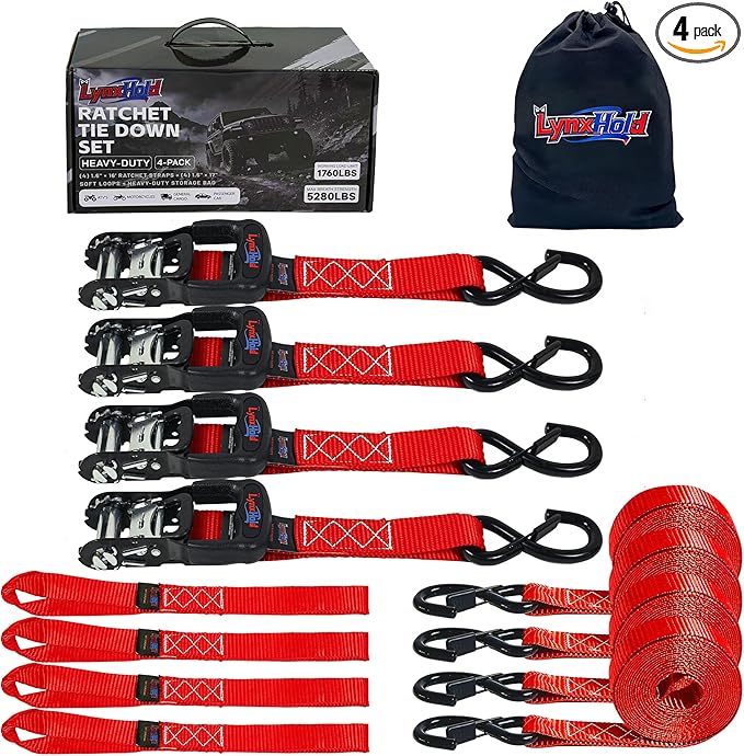 Ratchet Tie Down Straps, 5280lbs Break Strength, 1.6" x 16' Heavy Duty Ratchet Tie Down Strap Set with Padded Handles, Coated S Hook, Soft Loop for Trucks, ATV, UTV, Motorcycle, Cargo & More -Red