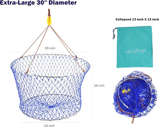 Stainless Collapsible Crab Net with 100ft Rope, Bait Bag, Clip & Ruler – 6 Pieces Portable Crab Trap for Easy Storage – Durable Grid Design for Dock & Pier Crabbing
