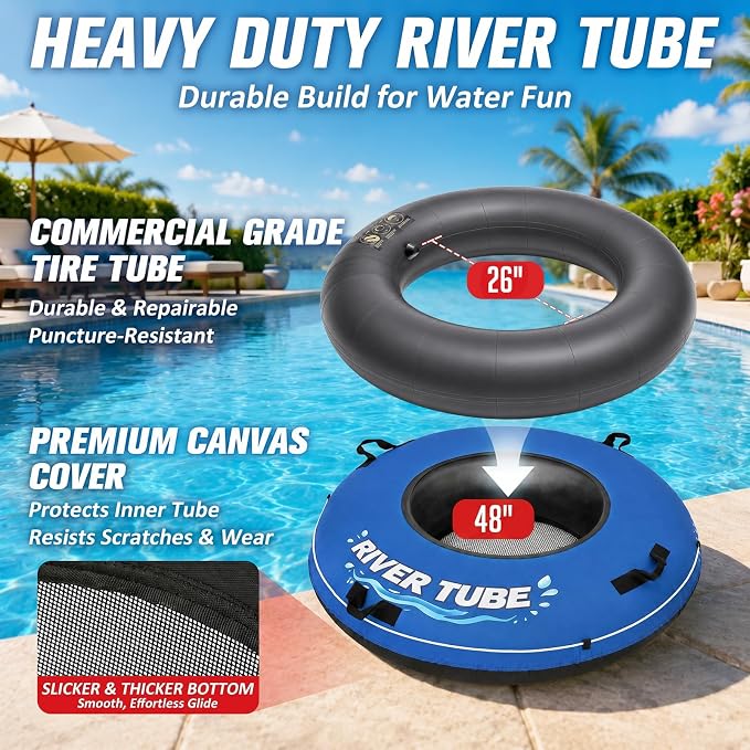 ZEALFEEL River Tube, 48'' Heavy Duty Rubber River Float Tube with Commercial Grade Inner Tube, Premium Canvas Cover, Removable Cup Holder & Tow Strap, Inflatable Tube for Adults Lake Pool Floating