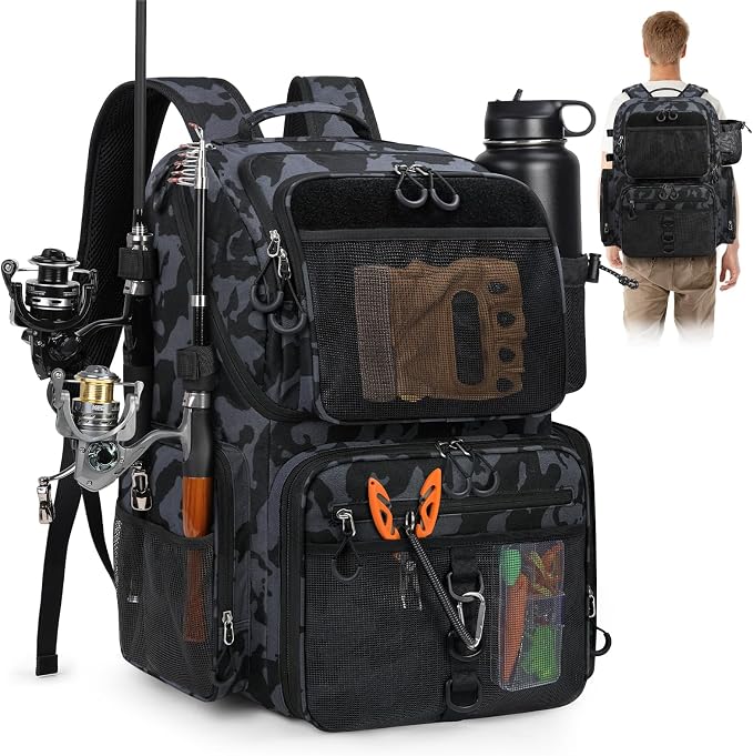RAINSMORE 45L Fishing Backpack with Rod Holders & Rain Cover Large 900D Water-resistant Fishing Tackle Bag Store Fishing Gear