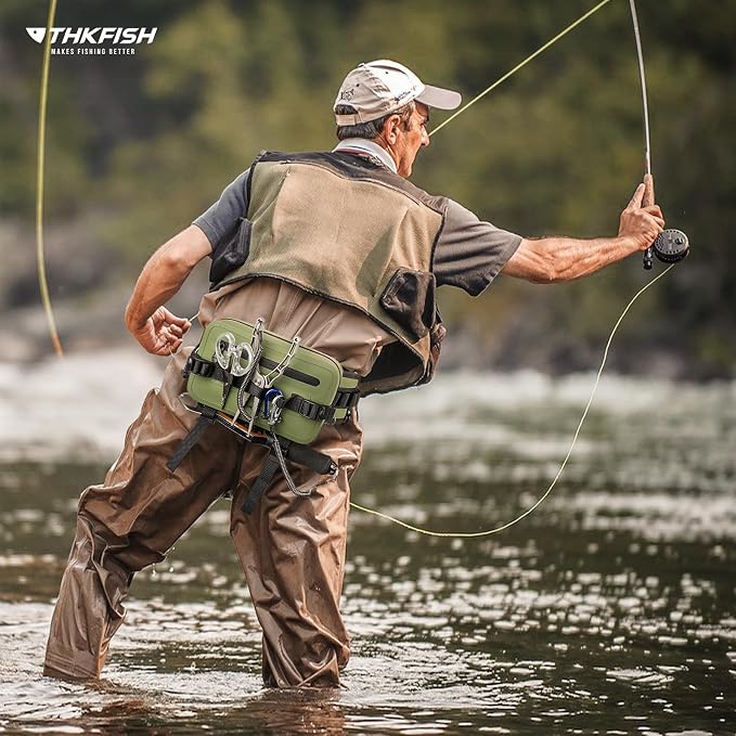 THKFISH Waterproof Fishing Waist Pack with Fishing Rod Holder, Airtight Zipper Closure, Lightweight Sling Fishing Waist Bag for Fly Fishing
