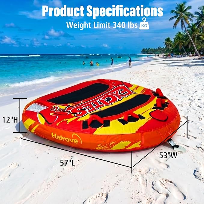 Dreamtrue 1-2 Person Inflatable Towable Tube for Boating, 340 LBS Capacity Heavy-Duty Water Tube with 840D Nylon Cover, 4+2 Safety Grips, EVA Padded, Quick Inflate/Deflate Towable Tube for Adults