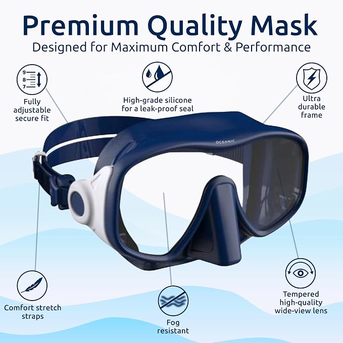 Oceanic Snorkel Mask for Adults, Frameless Single Lens Mask with Tempered Glass, Soft Silicone Skirt & Strap, Quick-Release Buckles for Snorkeling & Scuba