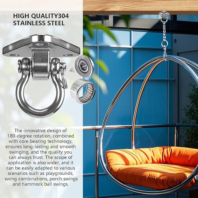 Stainless Steel Heavy Duty Swing Hanger with Smooth Swing Bearings 180° Ceiling Mount 1500 LB Capacity Swing Hardware for Swing Seat, Yoga, Heavy Bag, Porch Swing, Hanging Chair