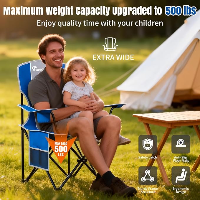 Oversized Camping Chair, 500 LBS High Back Lawn Chairs Folding (Blue Gray) | Portable Outdoor Heavy Duty Folding Camping Chair for Adults, with Cup Holder for Picnic, Lawn, Beach, Fishing and Sports