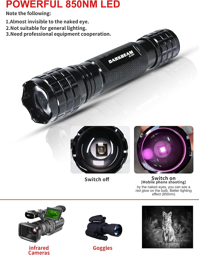 DARKBEAM ir Flashlight Infrared 850nm Lights LED Mini for Night Vision, Rechargeable Portable Tactical ir Illuminator Torch, Focus Adjustable for Hunting, Observation, Search, with Clip