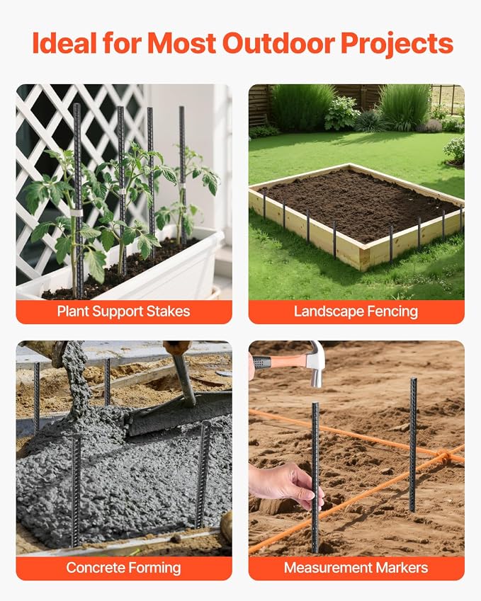VEVOR Rebar Stakes, 24-Inch, Heavy-Duty 0.47 in Diameter, Straight Galvanized Steel Ground Anchors with Chisel Point End & Rust-Resistant Coating, for Gardening Support, Fence, Camping Tents (20-Pack)