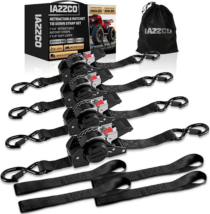 6FT Retractable Ratchet Straps(4-Pack) - 1 Inch (1800 LB Break Strength) Heavy Duty Self Retracting Ratchet Straps with Soft Loops & Storage Bag for Household, Motorcycle, Truck, ATV(Black)