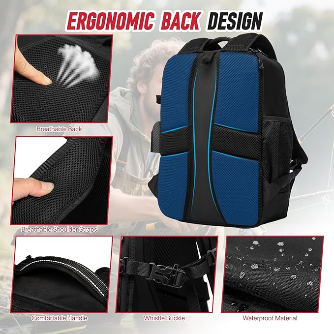 Fishing Tackle Backpack,Tackle Bags with 2 Rod Holders & 4 Tackle Boxes, Water-Resistant Large Tackle Bag Storage Bag for Fishing Gear, Fisher Gifts for Men, Black