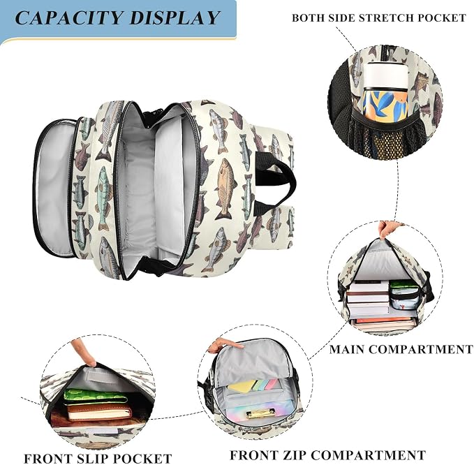 Fisyme Vintage Fish School Backpack Laptop Backpack Bags Bookbag Travel Casual Computer Notebooks Daypack