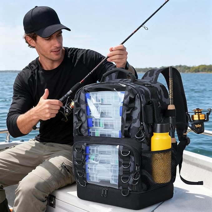 Fishing Tackle Backpack with Cooler,45L Large Tackle Bag with 2 Rod Holders & Clear Window,Outdoor Fishing Backpack for Fishing,Camping,Hiking,Camouflage Black