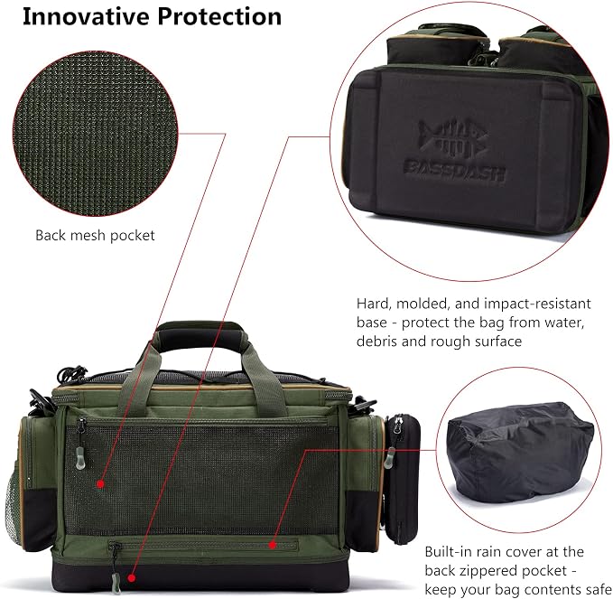 BASSDASH Fishing Tackle Shoulder Bag Water Resistant Lightweight Gear Storage Pack with Hard Molded Bottom Rain Cover
