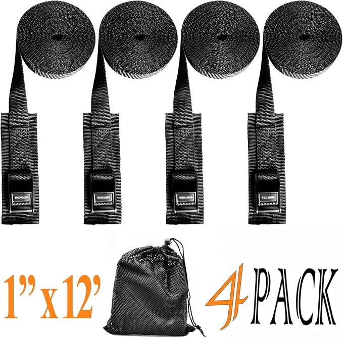 WEDAMER 4 Pack Kayak Tie Down Straps 12Ft Cam Buckle Tie Downs Adjustable Kayak Strap for Trucks Motorcycles Boat RV - Ratchet Lashing Straps for Roof Rack Trailer Cargo Packing Securement (1" x 12')