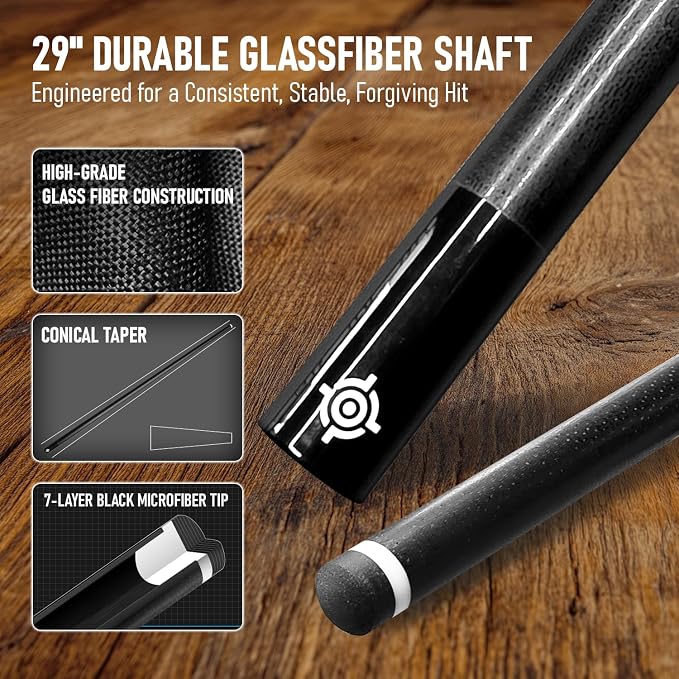 Series, Glass Fiber Pool Cue Stick, Uni-QR, 3/8-10, 5/16-18 Joint, Synthetic Leather Grip, 29" Glassfiber Shaft, 7-Layer Microfiber Tip