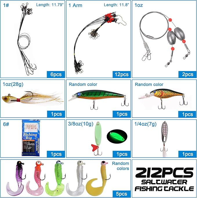 Saltwater Fishing Tackle Box, 212pcs Surf Fishing Gear Kit Saltwater Lures Bait Rigs Bucktail Jigs Spoon Crankbait Pyramid Sinkers Hooks Swivels, Perfect Fishermen Gifts