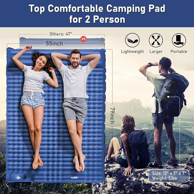Elegear CumbreX™ Double Sleeping Pad for Camping, 4.7" Ultra-Thick Inflatable Camping Sleeping Pad 2 Person with Built-in Foot Pump, Portable Camping Sleeping Mat for Backpacking Hiking Tent, Full