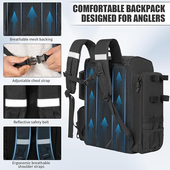Fishing Backpack with 2 Rod Holders Tackle Box, 41/25L Water-resistant Fishing Tackle Bag Storage Fishing Gear and Equipment