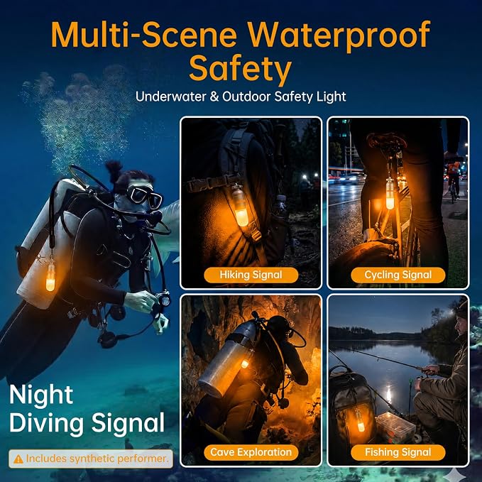 SecurityIng 4-Pack Dive Marker Light, 150m Waterproof Mini Scuba Tank Light, Steady & Flash Modes,AAA Battery Included, LED Diving Signal Light for Night Diving Camping Cave Adventure-Yellow