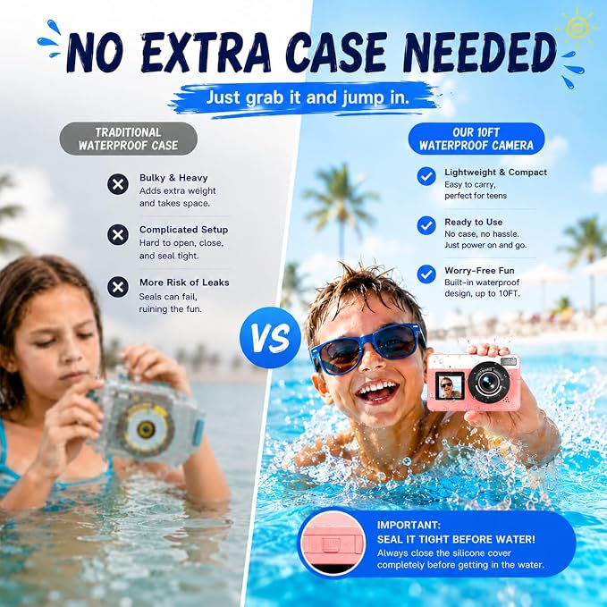 Maxmango D70 Underwater Camera, 10FT Waterproof Digital Camera for Pool & Beach, 4K 48MP Teens Underwater Cam with Dual Screens, Autofocus, 18X Zoom, Floating Camera for Boys Girls Pink(16GB)