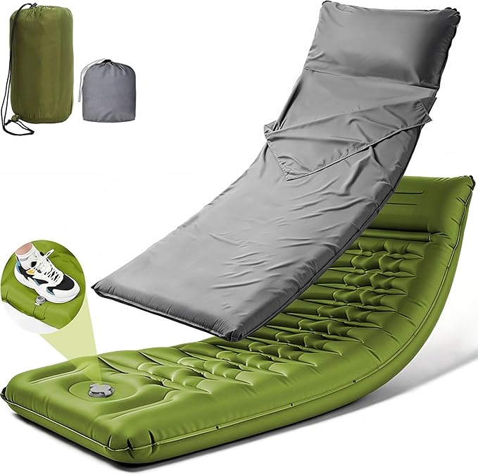 Camping Sleeping Pad, Extra Thick 5 Inch Self Inflating Camping Mat with Ultralight Sleeping Bag Liner Travel Sheet, Camping Pads with Pillow & Foot Pump for Outdoor Hiking, Backpacking, Travel(Green)