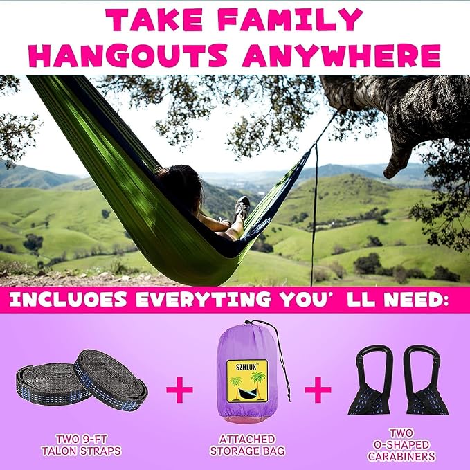SZHLUX Kids Hammock - Kids Camping Gear, Camping Accessories with 2 Tree Straps and Carabiners for Indoor/Outdoor Use, Pink & Light Purple