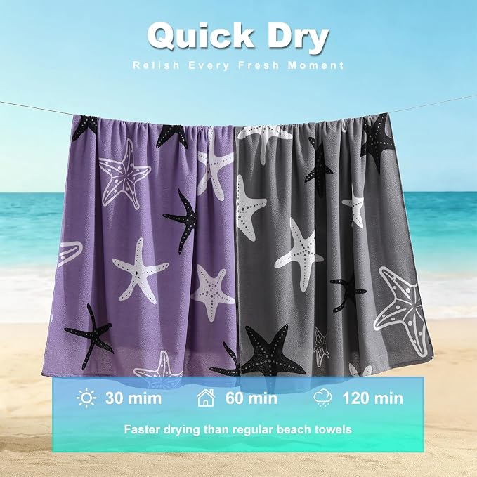 Jessy Home Microfiber 4 Pack Beach Towel Set, 40x70in Oversized Beach Towel, Quick-Dry Sand-Free Highly Absorbent Swim Towel, Soft Pool Towel, Marine Mixed Prints of Starfish & Sea Turtle for Vacation