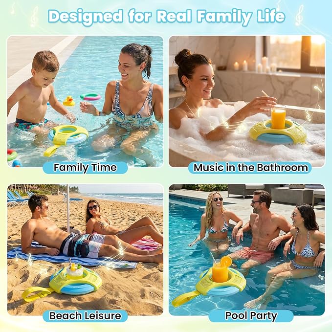 Mambobaby Floating Bluetooth Speaker with Collapsible Cup Holder, IPX7 Waterproof Shower Speaker with 360° Sound & LED Lights, Pool, with Versatile Hanging Strap, Great Gift for All Ages(Yellow Blue)
